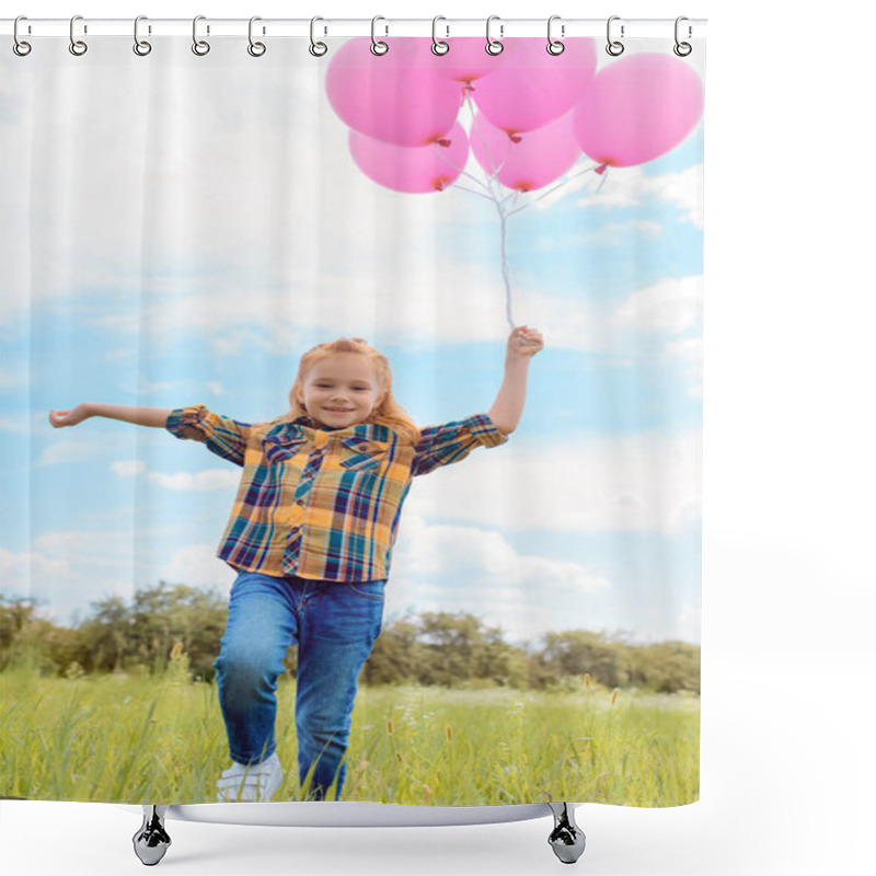 Personality  Cheerful Kid With Pink Balloons In Hand Running In Meadow Shower Curtains