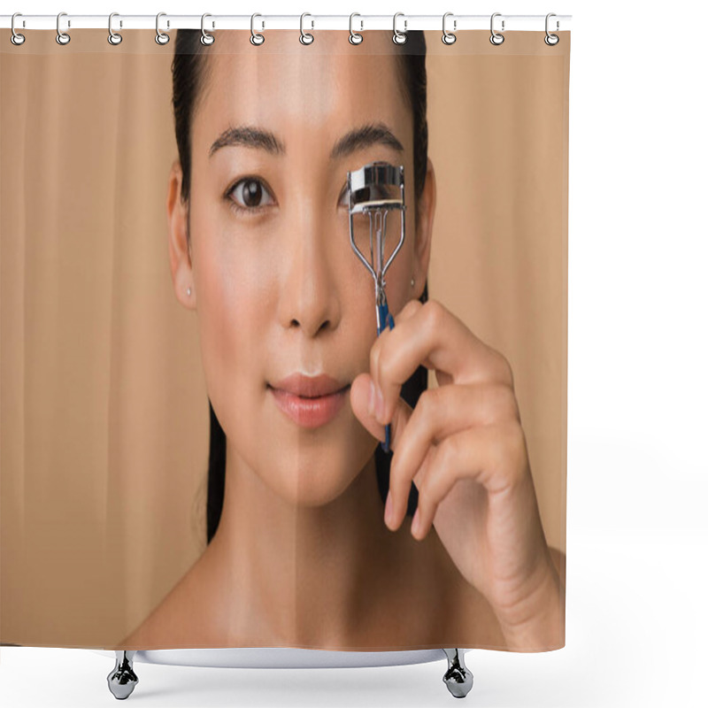 Personality  Beautiful Naked Asian Girl Using Eyelash Curlers Isolated On Beige Shower Curtains