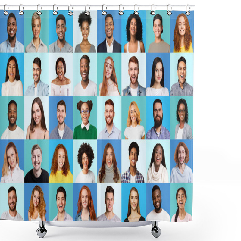 Personality  Composite Picture Of Diverse People Expressing Happiness Over Blue Backgrounds Shower Curtains