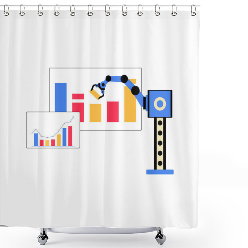 Personality  A Robotic Arm Adjusts Business Charts With Bar Graphs Symbolizing Automation, Data Analysis, And Efficiency In Business Settings. Flat Vector Illustration, Isolated On White. Shower Curtains