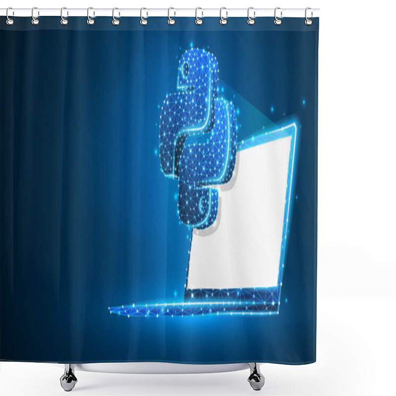 Personality  Python Coding Language Sign On White Notebook Screen. Device, Programming, Developing Concept. Abstract, Digital, Wireframe, Low Poly Mesh, Vector Blue Neon 3d Illustration. Triangle, Line, Dot, Star Shower Curtains