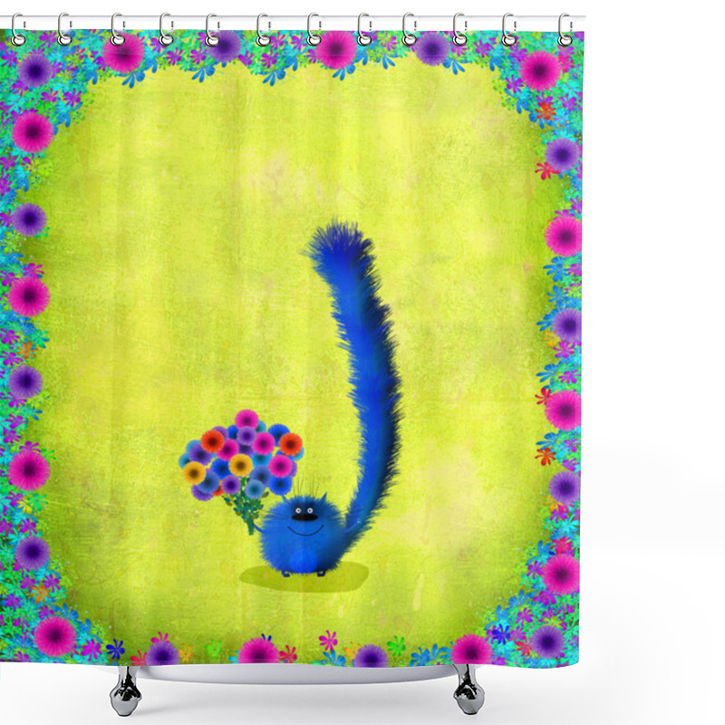 Personality  Blue Kitten With Flowers Floral Frame Shower Curtains