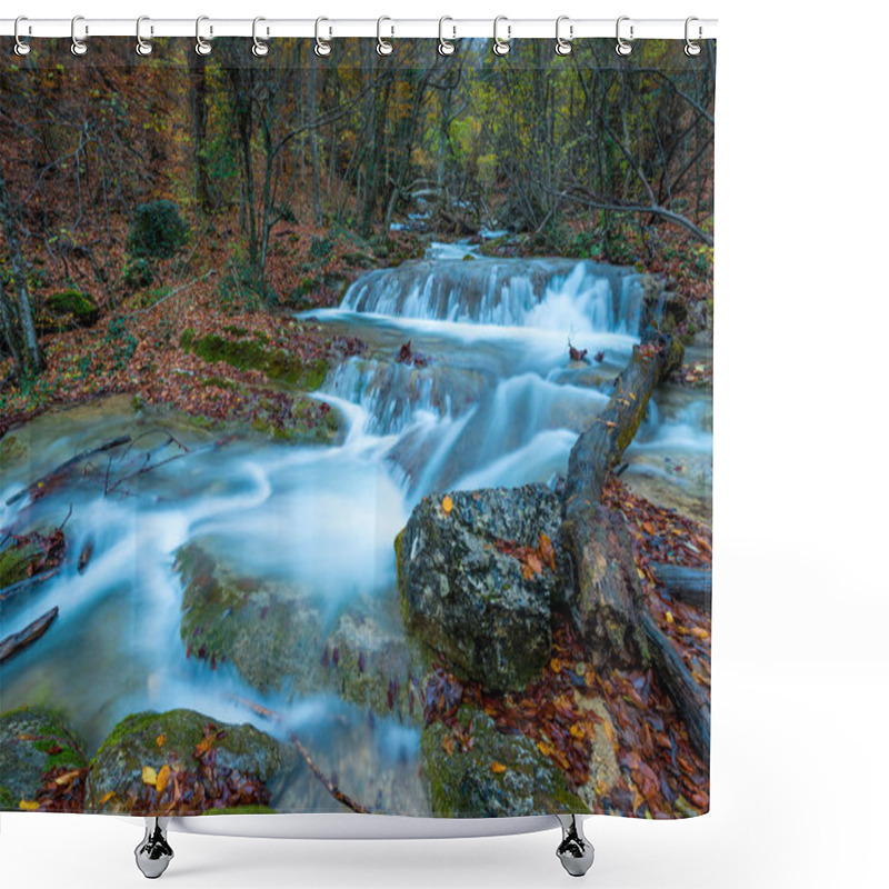 Personality  Mountain River Flows In The Gorge Between The Stones, Mountain Rapids, Autumn Landscape Shower Curtains