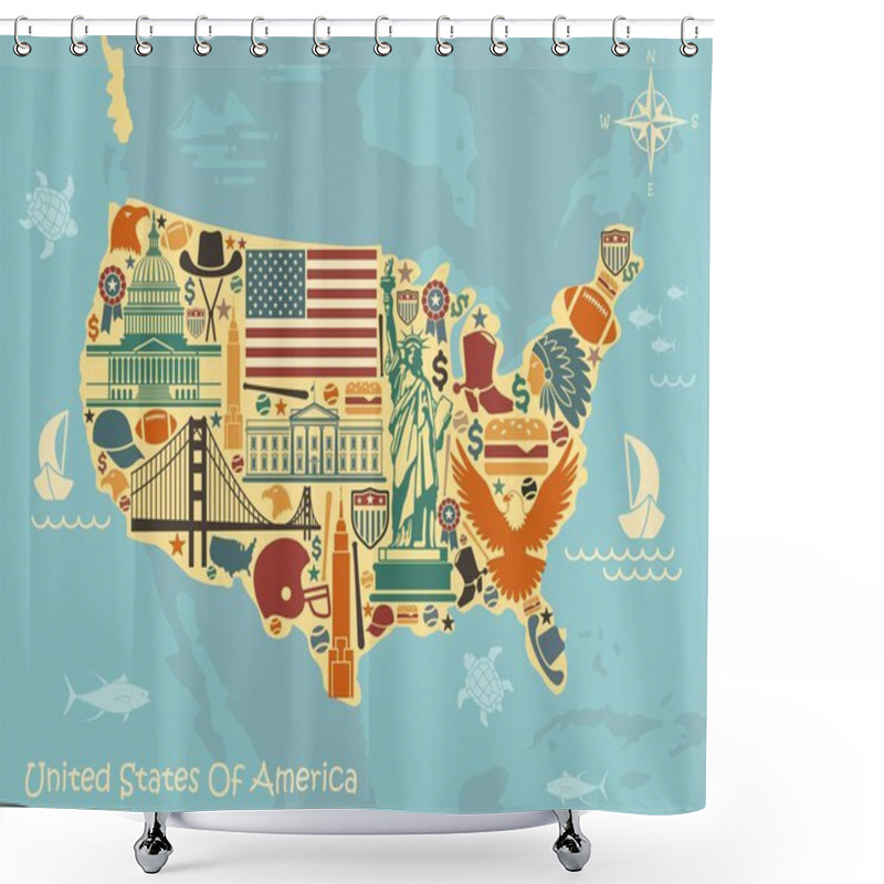 Personality  Stylized Map Of USA With Traditional Symbols Shower Curtains