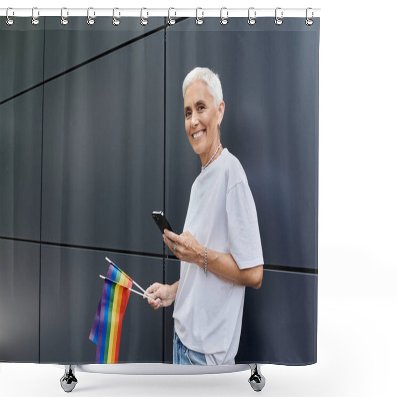 Personality  Joyful Woman Waves Pride Flag While Texting In Modern Urban Space. Shower Curtains