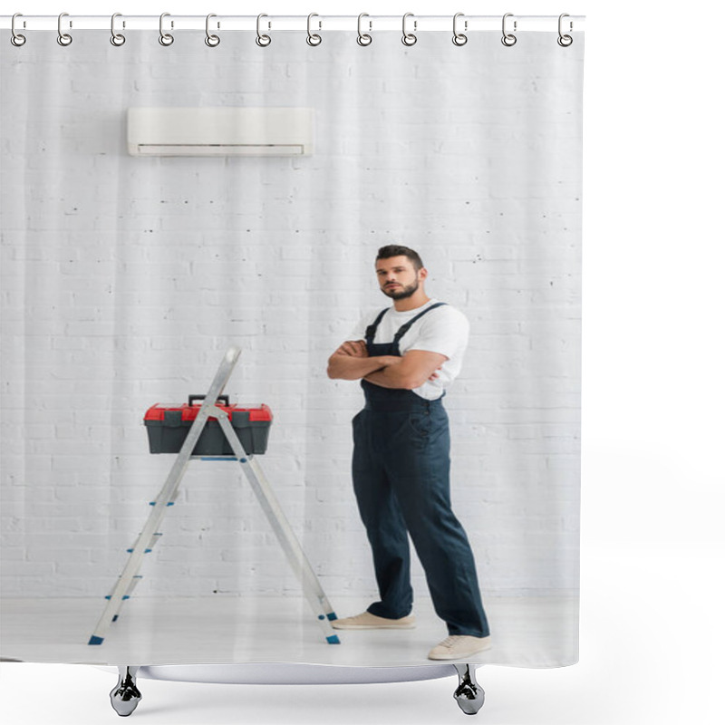 Personality  Handsome Handyman Looking At Camera Near Toolbox On Ladder And Air Conditioner On White Wall Shower Curtains