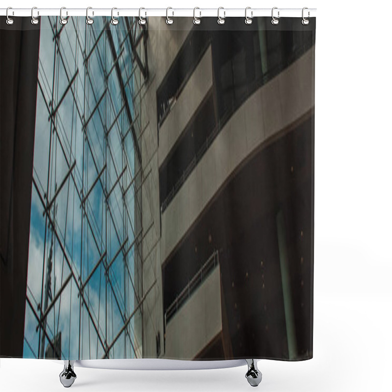 Personality  COPENHAGEN, DENMARK - APRIL 30, 2020: Panoramic Shot Of Glass Facade Of Black Diamond Royal Library In Copenhagen, Denmark  Shower Curtains