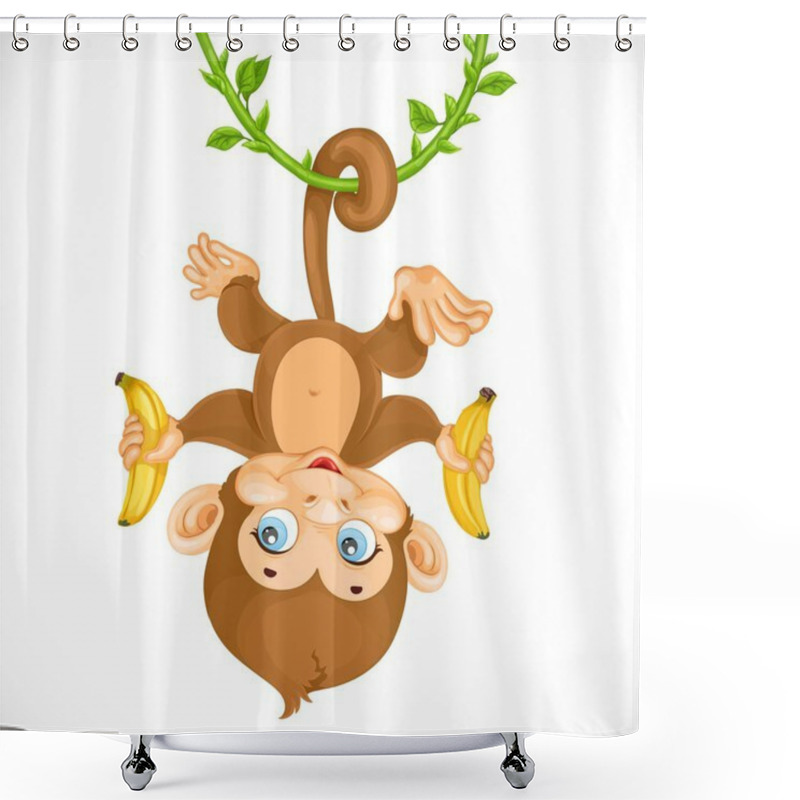 Personality  Cute Baby Monkey With Banana Hanging On The Liana Isolated On A Shower Curtains