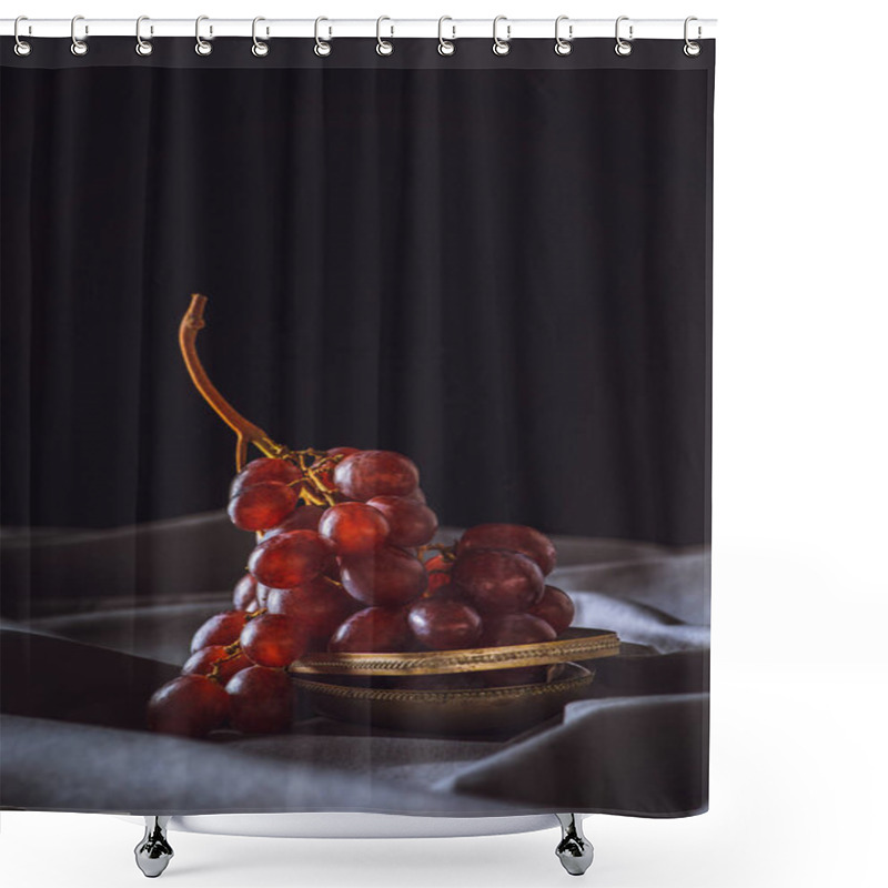 Personality  Close-up Shot Of Fresh Red Grapes On Grey Drapery On Black Shower Curtains