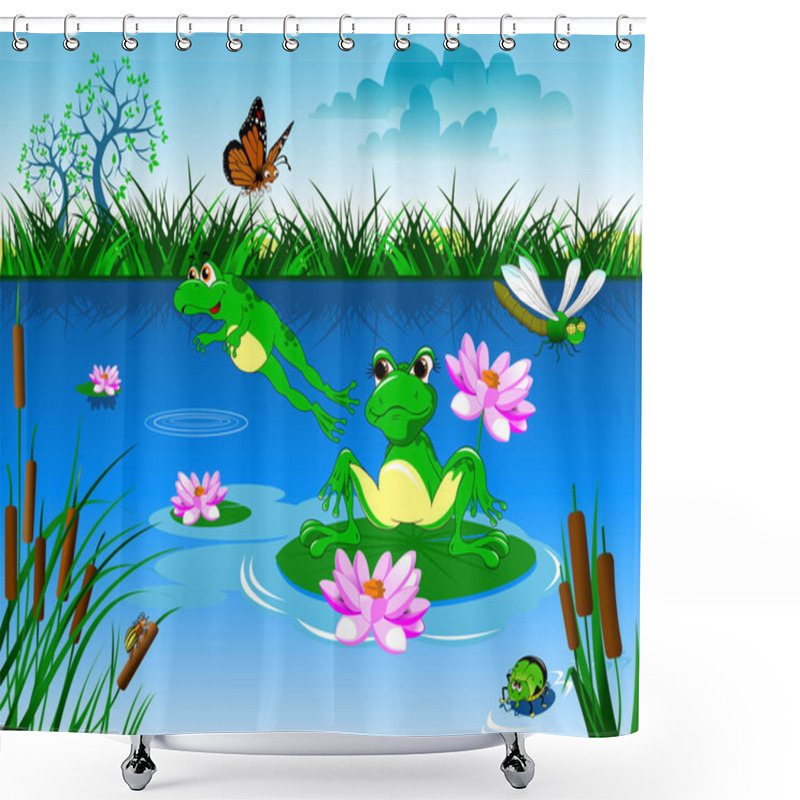 Personality  Green Frogs In Pond Shower Curtains