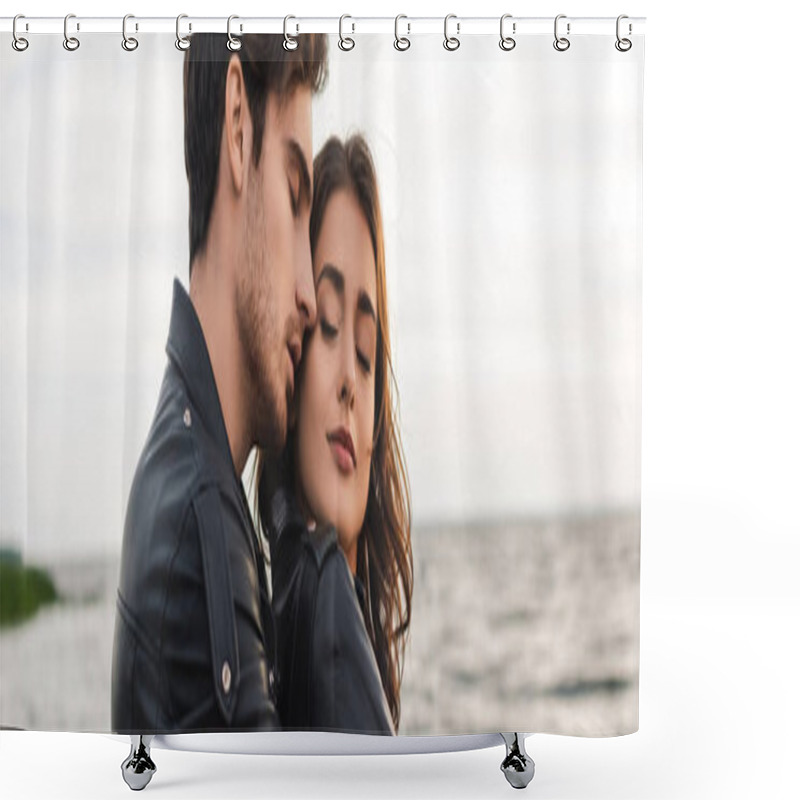 Personality  Panoramic Orientation Of Young Man In Leather Jacket Standing Near Girlfriend On Sea Coast  Shower Curtains