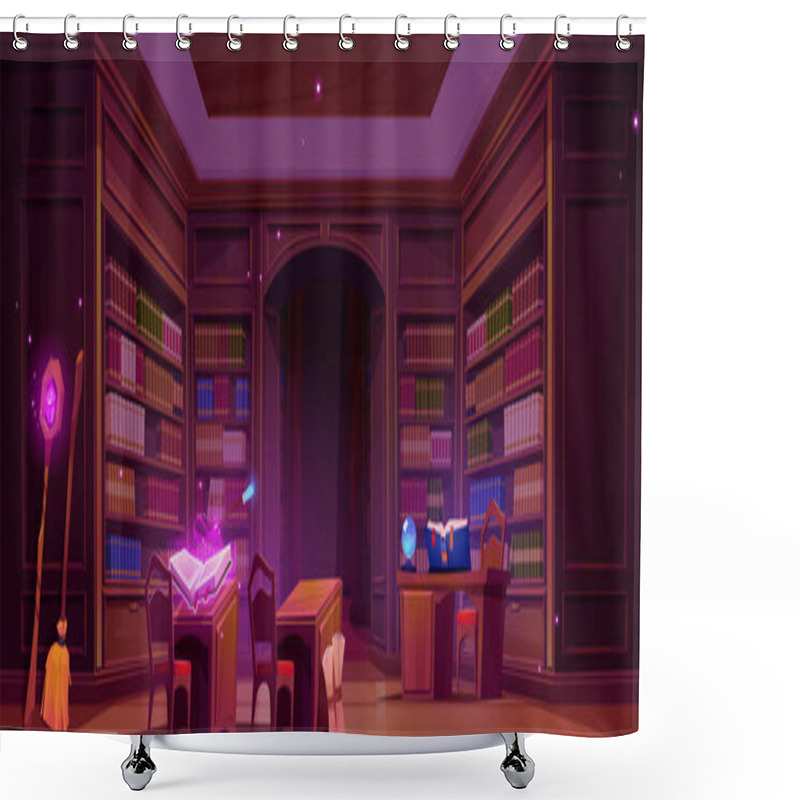 Personality  Magic School Library Interior. Vector Cartoon Illustration Of Dark Room With Vintage Bookcases, Many Books On Shelves, Spellbook On Desk, Broomstick And Staff With Gemstone, Fortunetelling Crystal Shower Curtains