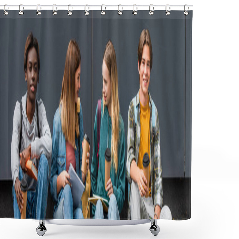 Personality  Panoramic Shot Of Multiethnic Teenagers With Coffee To Go And Notebooks Talking Near Building  Shower Curtains