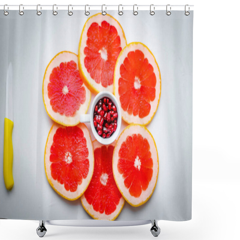 Personality   Table With Knife, Juicy Grapefruit Slices With Pomegranate Seeds In White Coffee Cup Shower Curtains