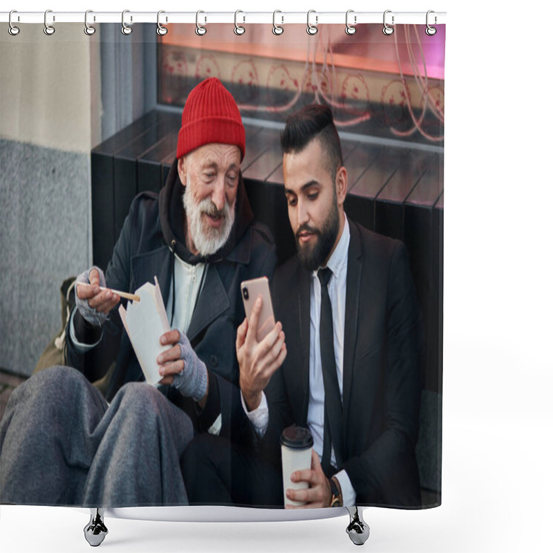 Personality  Young Kind-hearted Businessman And Senior Beggar Look At Phone Shower Curtains