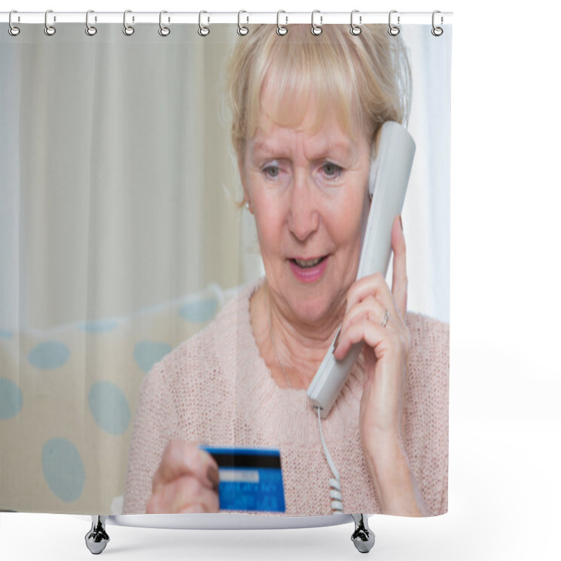 Personality  Senior Woman Giving Credit Card Details On The Phone Shower Curtains