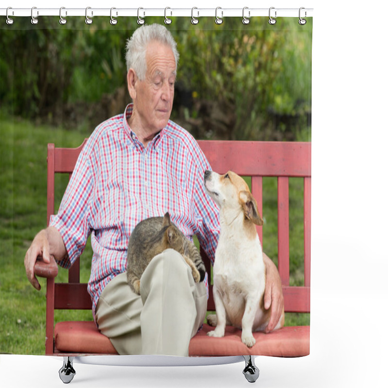 Personality  Senior Man With Pets Shower Curtains