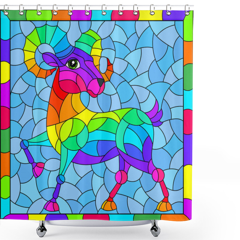 Personality  An Illustration In The Style Of A Stained Glass Window With An Abstract Rainbow Ram In A Bright Frame, A Rectangular Image Shower Curtains