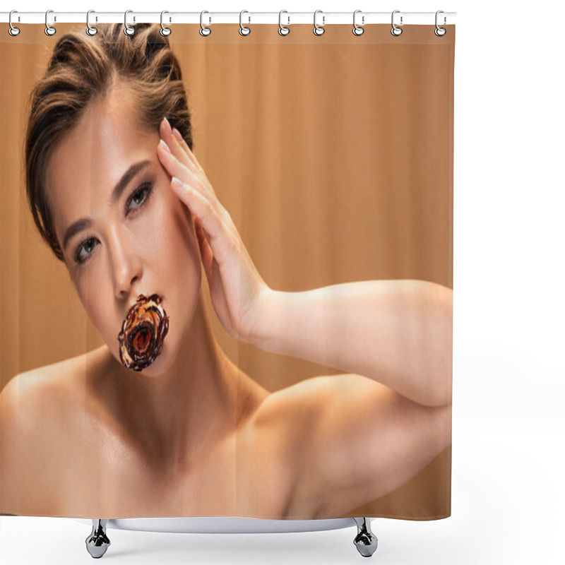 Personality  Naked Woman Holding Hand Near Face And Rose In Mouth Covered With Melted Chocolate Isolated On Beige Shower Curtains