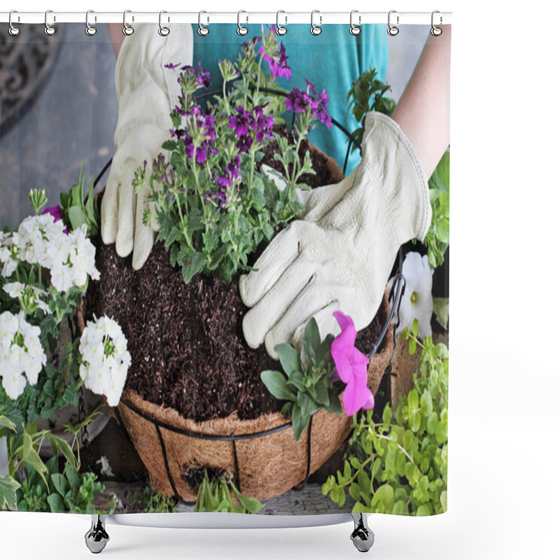 Personality  Demonstration Of A Young Woman Giving A Tutorial On How To Plant A Hanging Basket Or Pot Of Flowers. Flowers Include Verbena, Petunias, Creeping Jenny And Alyssum. Shower Curtains