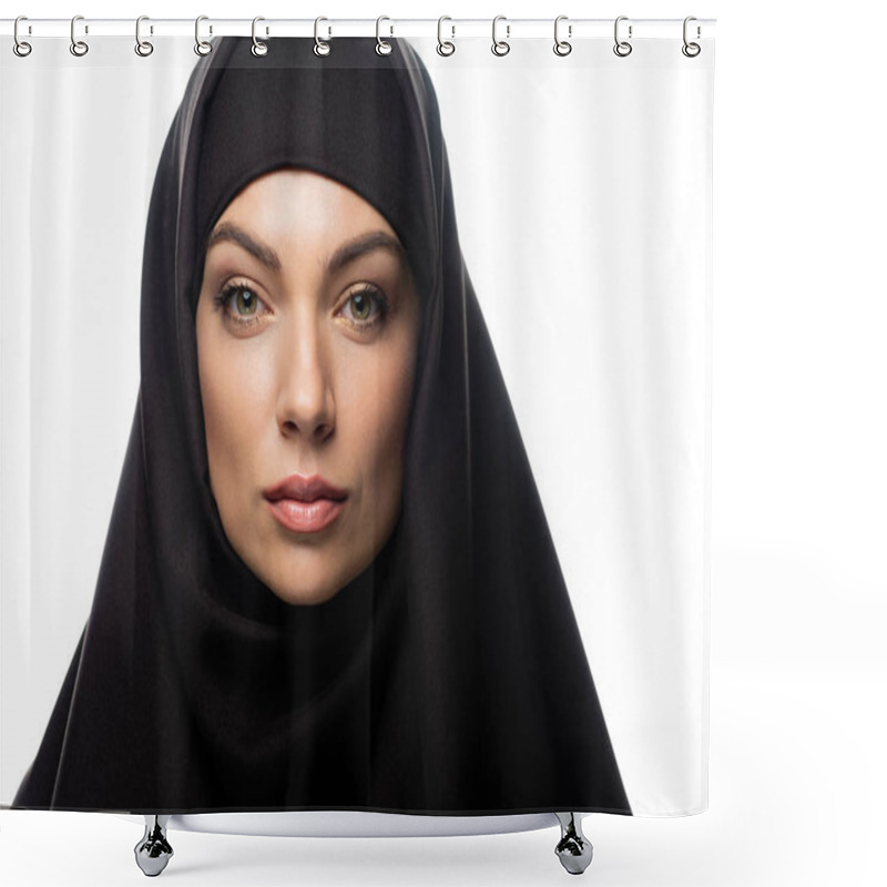 Personality  Beautiful Young Muslim Woman In Hijab Looking At Camera Isolated On White Shower Curtains