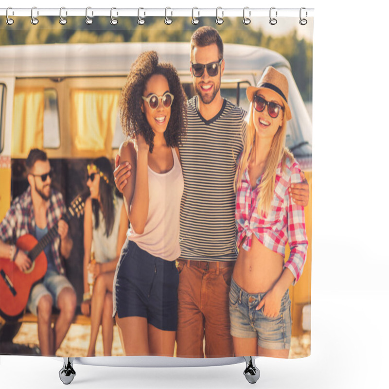 Personality  Man Embracing Two Beautiful Women Shower Curtains