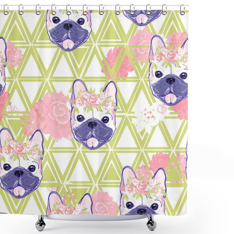 Personality  Bulldogs In Wreaths Seamless Pattern Shower Curtains