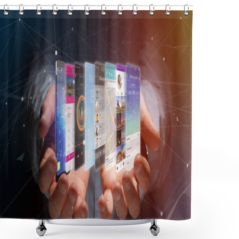 Personality   Businessman Holding 3d Rendering App Template  Shower Curtains