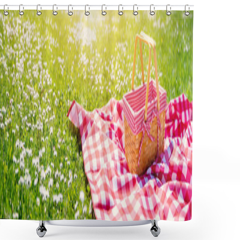 Personality  Picnic Duvet With Empty Basket On The Meadow In Nature. Panoramic View. Concept Of Leisure And Family Weekend. Shower Curtains