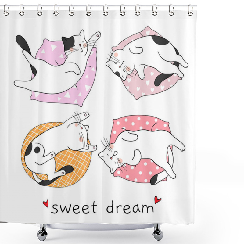 Personality  Set Of Drawn Cats Sleeping On Pillows And Text Sweet Dream Isolated On White Background Shower Curtains