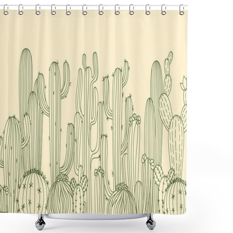 Personality  Cactus Horizontal Poster Or Background. Botanical Doodle Ornament Succulent Desert Plants. Exotic Western Mexico Linear Cacti. Trendy Cartoon Outline Pattern With Cactus Vector Illustration Isolated Shower Curtains