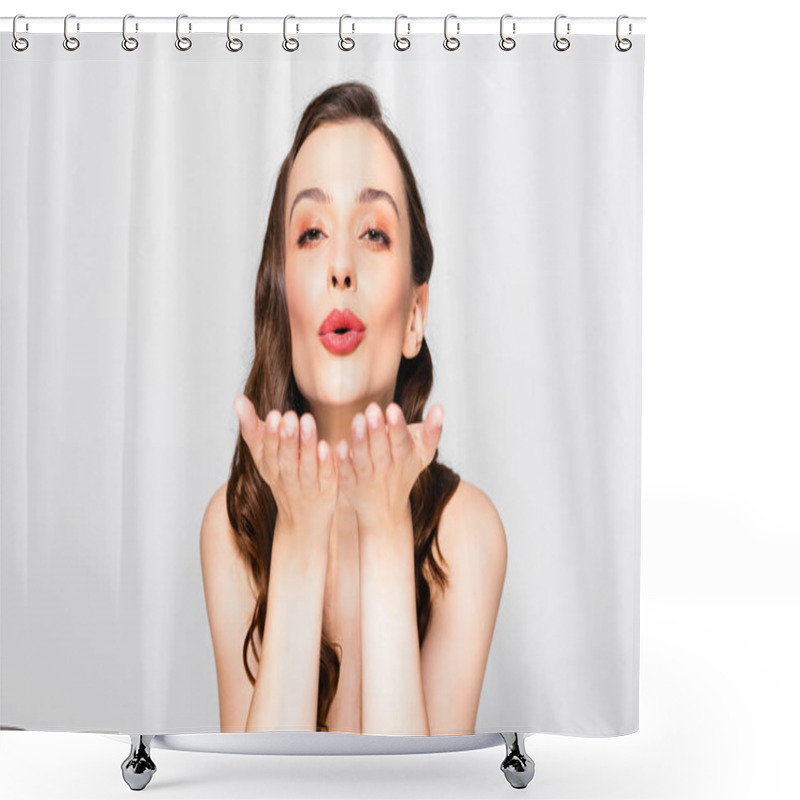 Personality  Beautiful Brunette Woman With Curls And Makeup Blowing Kiss Isolated On Grey Shower Curtains