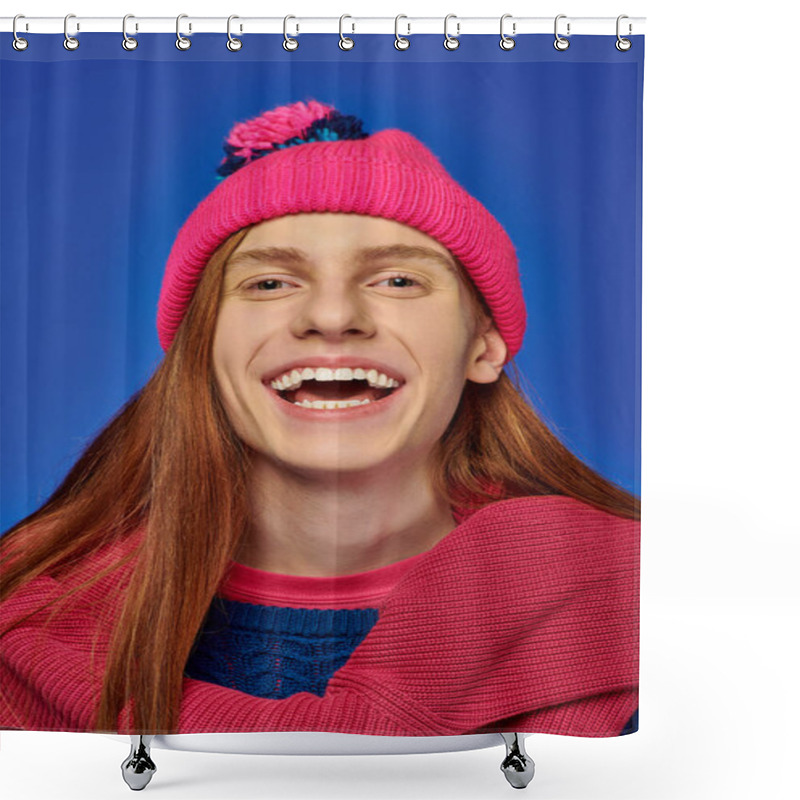 Personality  Emotional Young Man With Long Red Hair Laughs While Wearing A Vibrant Pink Hat And Sweater. Shower Curtains