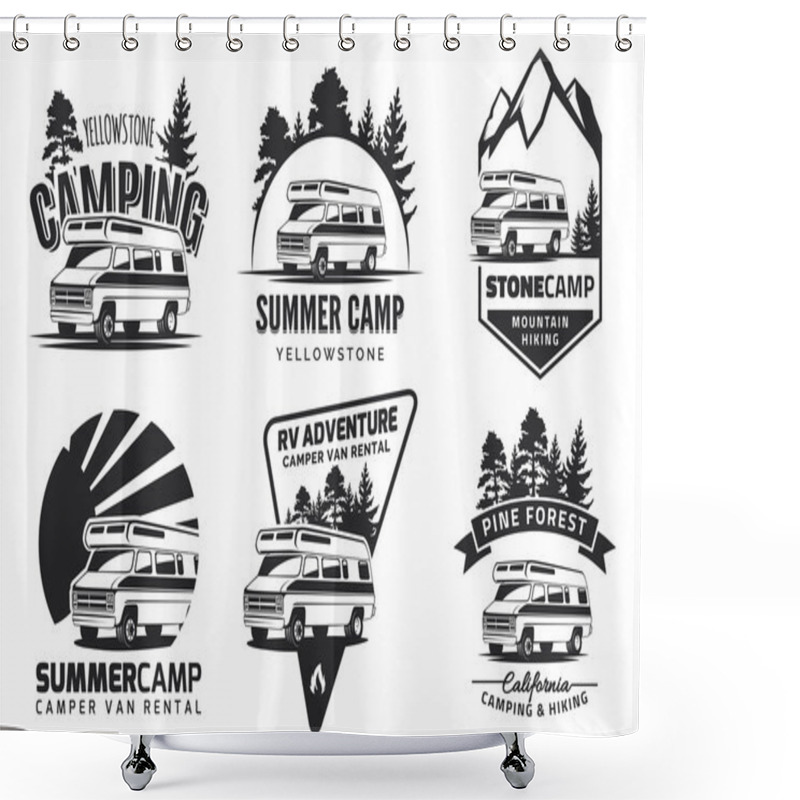 Personality  Set Of Monochrome Camper Van Car Emblems. Shower Curtains