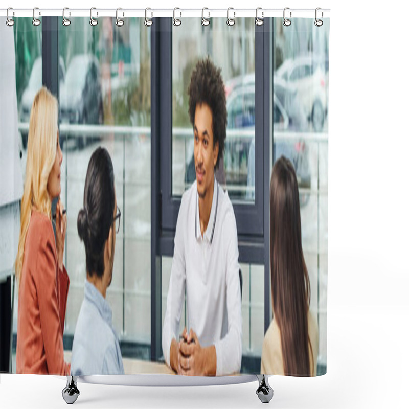 Personality  Job Seekers Engaged In A Lively Discussion Around The Office Table. Shower Curtains