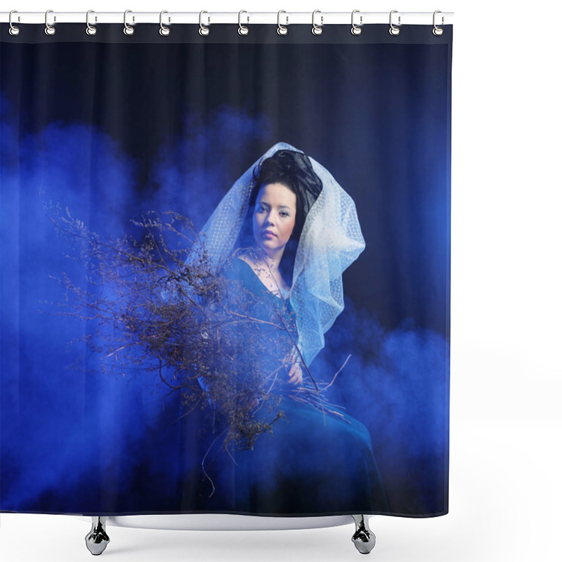 Personality  Girl In Medieval Dress  With Bunch Of Sticks In Smoke Shower Curtains