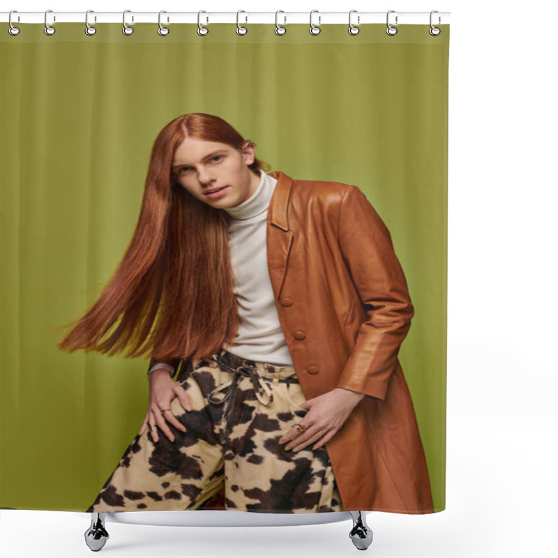 Personality  A Young Man With Striking Long Red Hair Showcases Deep Emotions While Posing Creatively. Shower Curtains