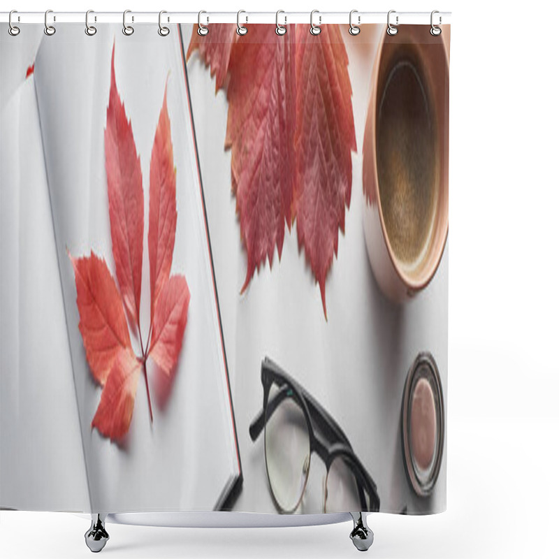 Personality  Panoramic Shot Of Notebook Near Red Leaves Of Wild Grapes, Cup Of Coffee, Glasses And Container With Blush On White Table Shower Curtains