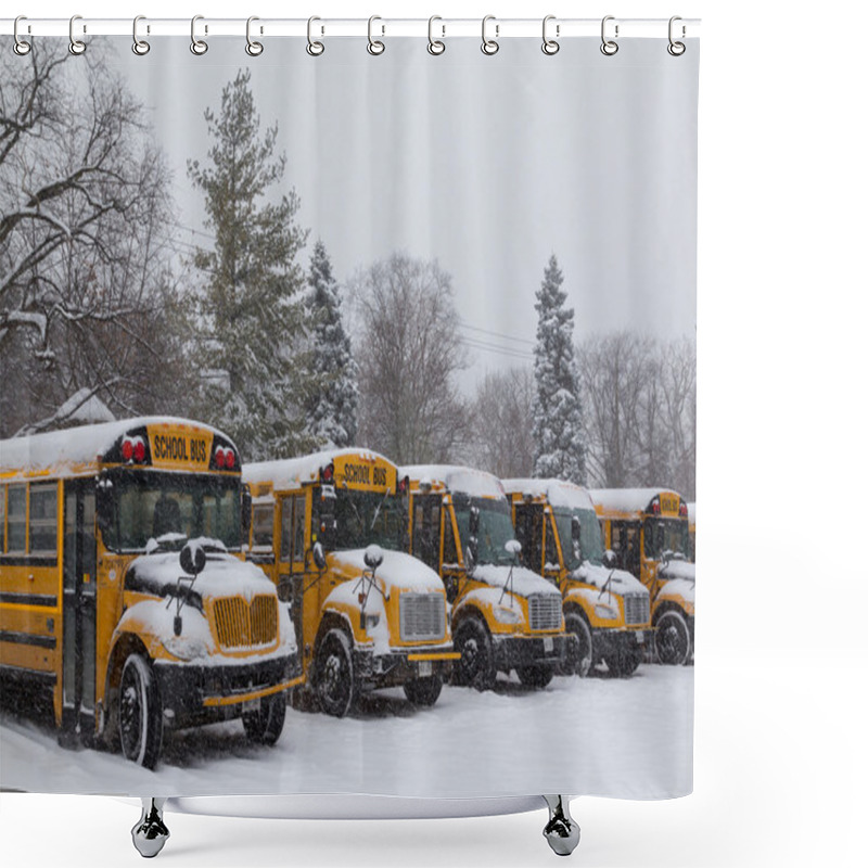 Personality  Yellow School Buses Parked In The Snow Shower Curtains