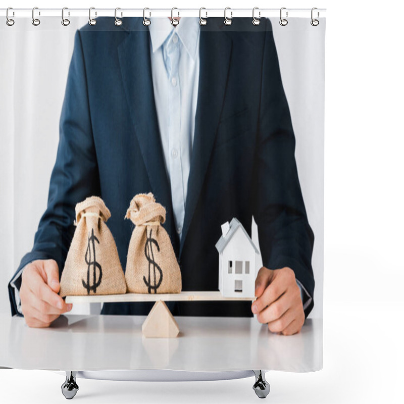 Personality  Cropped View Of Businessman Near Scales With Money Bags And Carton House Isolated On White  Shower Curtains