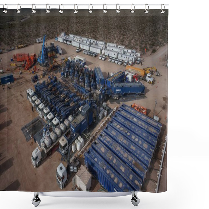 Personality  An Aerial Shot Of Battery Of Pumping Trucks For Hydraulic Fracturing Shower Curtains