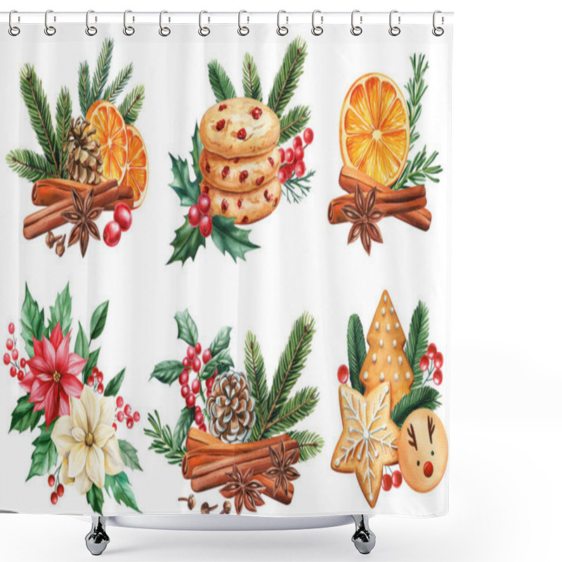 Personality  Arrangement Set. Orange, Cinnamon, Anise, Flowers And Pine Cone Isolated. Hand-painted Watercolor Gingerbread For Holiday. High Quality Illustration Shower Curtains