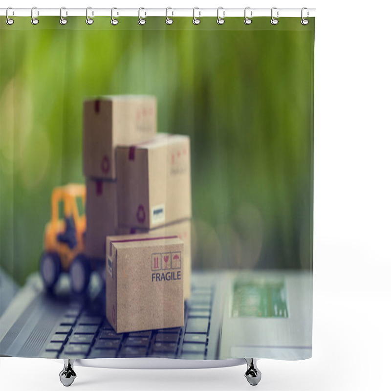 Personality  Logistic And Cargo Freight Concept: Fork-lift A Truck Moves A Paper Box On Table. Depicts International Freight Or Shipping Service For Online Shopping. Shower Curtains