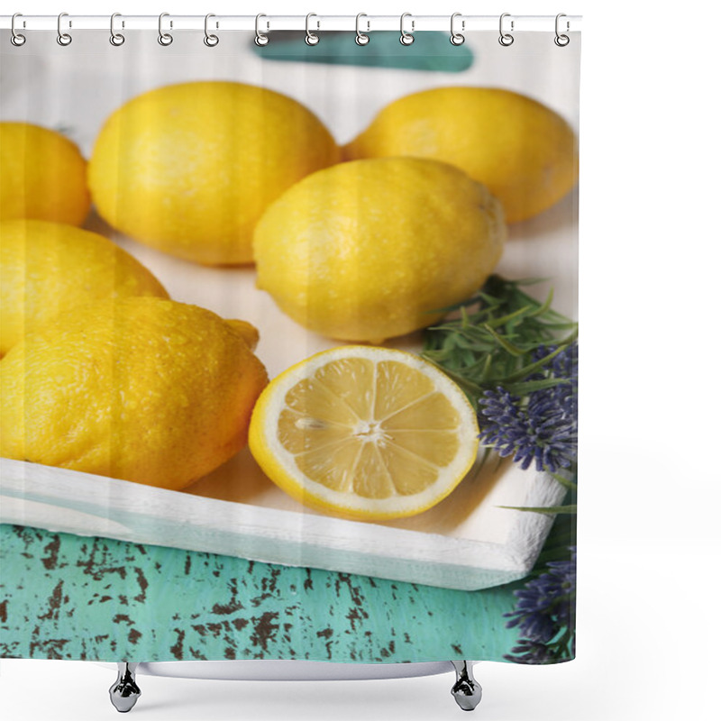 Personality  Still Life With Fresh Lemons And Lavender On Wooden Table Shower Curtains