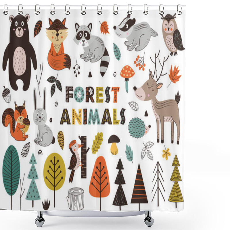 Personality  Forest Animals And Plants In Scandinavian Style -  Vector Illustration, Eps Shower Curtains