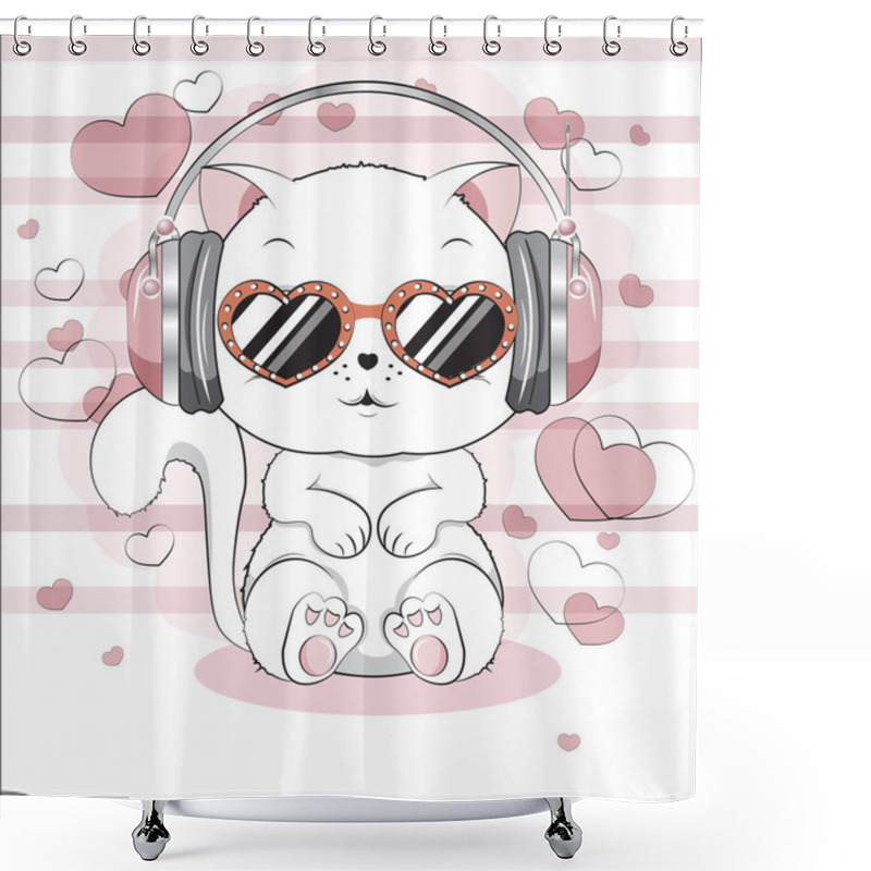 Personality  White Kitten With Earphones Shower Curtains