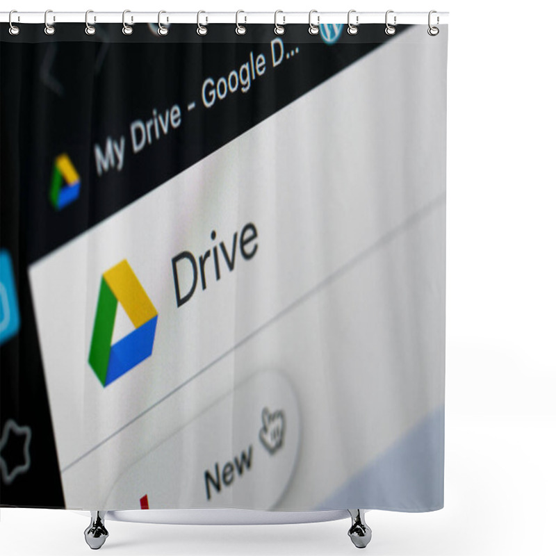 Personality  Sankt-Petersburg, Russia, May 11, 2020: Google Drive Homepage Application Icon On Apple IMac Screen Close-up. Google Drive Icon. Google Drive Application. Social Media Network Shower Curtains