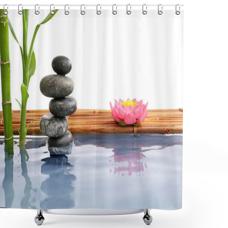 Personality  Stack Of Spa Stones And Bamboo In Water On White Background Shower Curtains