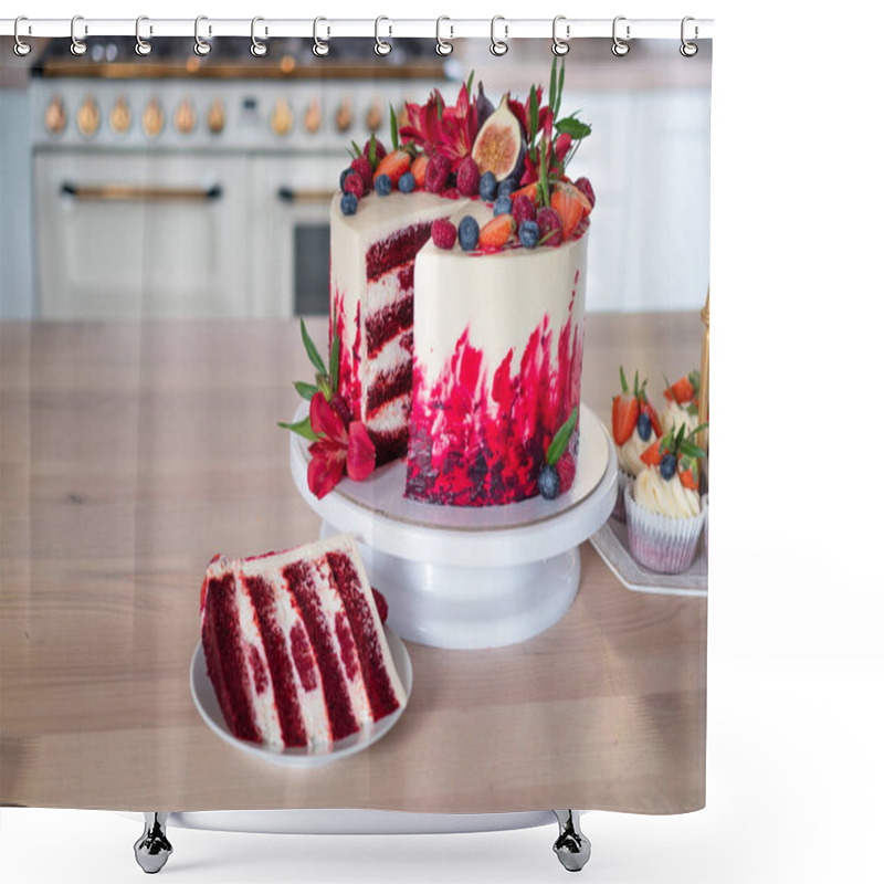 Personality  Big Beautiful Red Velvet Cake, With Flowers And Berries On Top. Slice On A Plate, Dessert. Shower Curtains