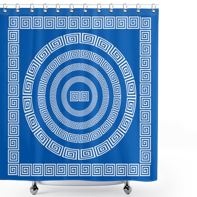 Personality  Set Of Brushes To Create The Greek Meander Patterns. Greek Traditional Borders. Decoration Elements In Blue Color Isolated On White Background. Could Be Used As Divider, Frame, Etc. Vector Illustratio Shower Curtains